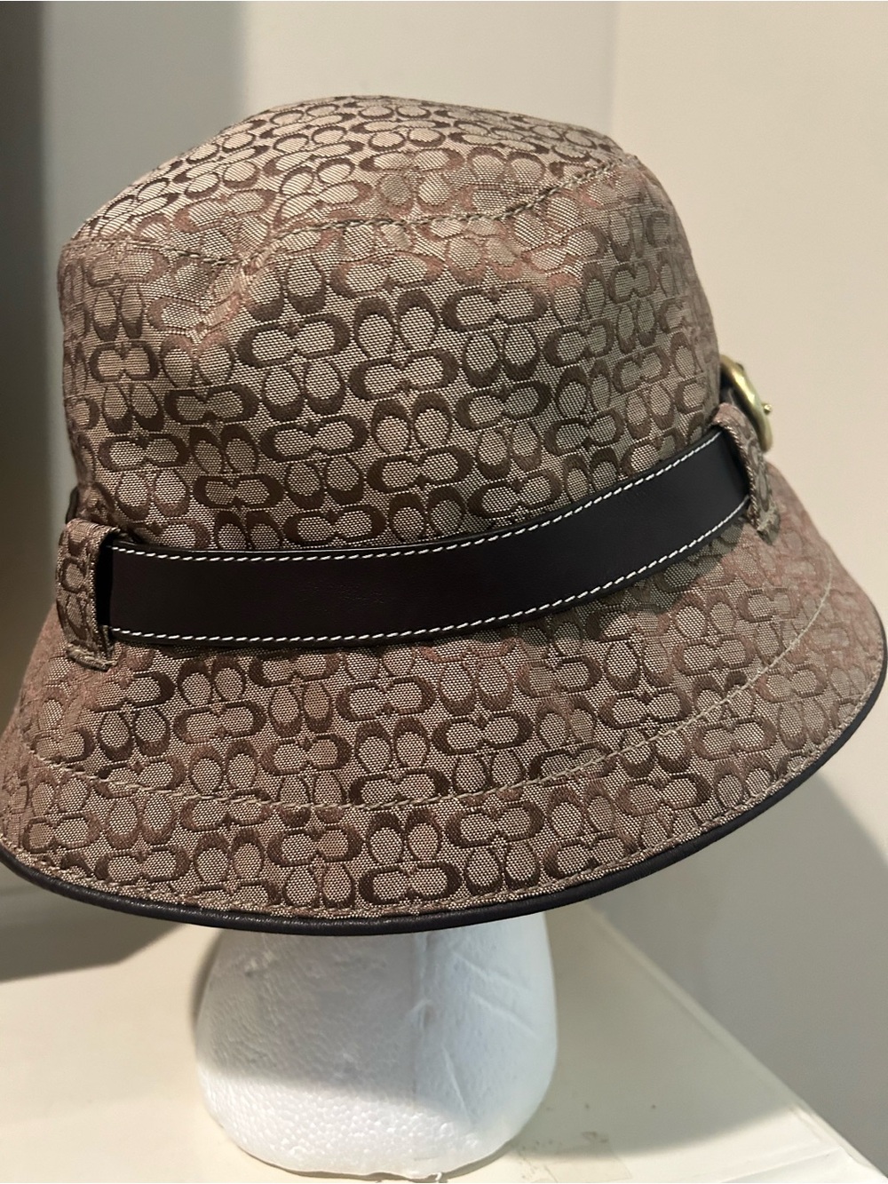 Coach Brown Signature Canvas Bucket Hat with Dark Brown Leather Band